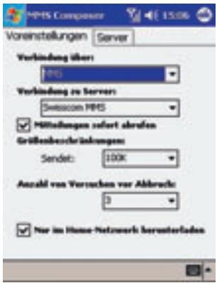 MHS Component 15:06 Voreinstellungen Server Verbindung über: MHS Verbindung zu Server: Swisscom MHS Mittelfolgenden sofort abrufen Grüßenbezeichnungen: Sendet: 100K Anzahl von Versuchen vor Abbrevs: 3 Nar im House Network berunterladen
