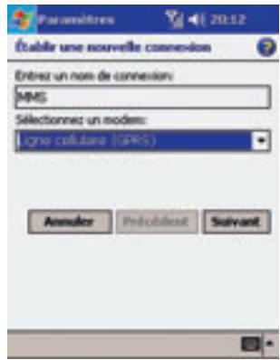 Paramètres Établir une nouvelle connexion Entrez un nom de connexion: MMS Sélectioned un modes: ligne colutare (GPRS) Annuler Protocablet Suivant