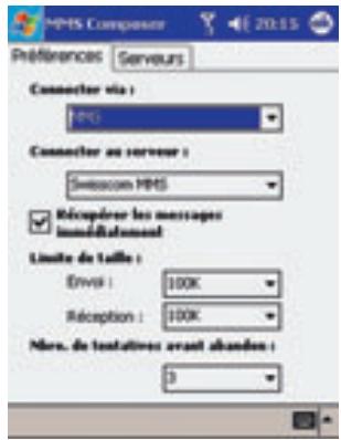 HMS Component Preferences Serveurs Connector via : PNG Connector au serveur : Swisscom HMS Réception les messages installément Limite de lafile : Envoi : 100K Réception : 100K Mère, de textatrices ayant abandons : 3