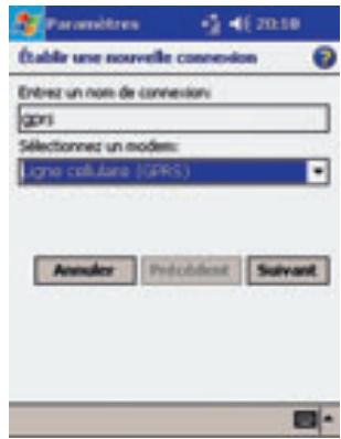 Paramètres Établir une nouvelle connexion Entrez un nom de connexion: gprs Sélectionned un modem: ligne collutare (GPRS) Annuler Protocident Suivant