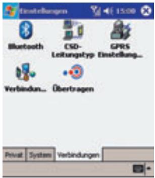 Einstellungen Bluetooth CSD- Leitungstyp GPRS Einstellung... Verbinden... Übertragen Privat System Verbindungen