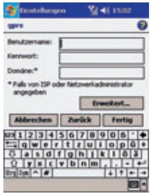 GPPS Benutzernans: Kannwort: Domåne:* * Falls von ISP oder Netzverkadministrator angegeben Erwektort... Abbrevchen Zurück Fertig 12345678908 q w e r t z u i o p 0 + a s d f g h j k l 6 3 y x c v b n m Enj Enj # ↓ ↑ + -