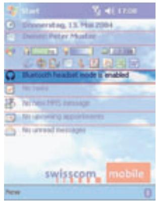 Start Drogeratag, 13: Mai 2004 Dremer Peter Mouse Bluetooth headset mode is enabled No help SMS message No unread appointments No unread messages swisscom mobile New