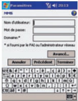 Paramètres HP-MS Nom d'utilisateur: Pôt de passier: Domaine:* * si poursu par le PAI ou l'administrateur réseau Avancé... Annuler Précédent Termaine 123 & 6 " ' ( - ð ... ( à ) = + a z e r t y u i o p $ € g s d f g h j k l m ú U w x c v b n , : : ! ← C# 100 * @