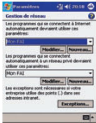Paramètres Gestion de réseau Les programmes qui se connectent à Internet automatiquement devraient utiliser ces paramètres: Mon FAI Modifier... Nouveau... Les programmes qui se connectent automatiquement à un réseau privé devraient utiliser ces paramètres: Mon FAI Modifier... Nouveau... Les exceptions sont nécessaires si votre entreprise utilise des points (.) dans sec adresses intranet. Exceptions...