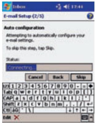 E-mail Setup (2/5) Auto configuration Attempting to automatically configure your e-mail settings. To slip this step, tap Skip. Status: Connecting Cancel Back Skip L01 1 2 3 4 5 6 7 8 9 0 - = + Tabi q w e r t y u i o p [ ] CAP a s d f g h j k l ; * Shift z x c v b n m , . / + - Ctrl A0 * \ ↓ ↑ ← Edit ✗