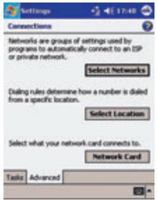 Settings Connections Networks are groups of settings used by programs to automatically connect to an ISP or private network. Select Networks Dialog rules determine how a number is dialed from a specific location. Select Location Select what your network card connects to. Network Card Tasks Advanced