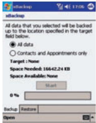 eBackup All data that you selected will be backed up to the location specified in the target field below. ● All data ○ Contacts and Appointments only Target : None Space Needed: 16642.24 KB Space Available: None Start 0 % Backup Restore Open