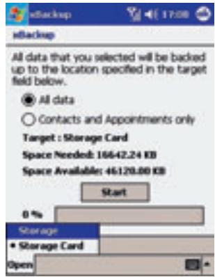 eBackup All data that you selected will be backed up to the location specified in the target field below. ● All data ○ Contacts and Appointments only Target : Storage Card Space Needed: 16642.24 KB Space Available: 46120.00 KB Start 0 % Storage ● Storage Card Open