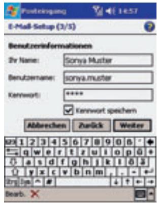 E-Mail-Setup (3/5) Benutzinformationen Zr Name: Sonya Muster Benutzernene: sonya.muster Kennwort: ***** Kennwort spechern Abbrachten Zurück Weiter 1 2 3 4 5 6 7 8 9 0 0 * q w e r t z u i o p 0 + a s d f g h j k l 6 3 y x c v b n m . . - + - Try Jpe # Bearb. ✗