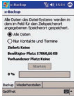 e-Backup Alle Daten des Datel-Systems werden in dem im Feld für den Zielspeicherort angegebenen Speicherort gespeichert. ● Alle Daten ○ Nur Kontakte und Termine Zielort: Keine Bemütigter Platz: 17060,56 KB Vorhandener Platz: Keine Starten 0 % Backup Wiederheiten Geöffnet