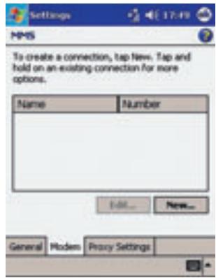 Settings HPMS To create a connection, tap New. Tap and hold on an existing connection for more options. Name Number Edit... New... General Modern Proxy Settings