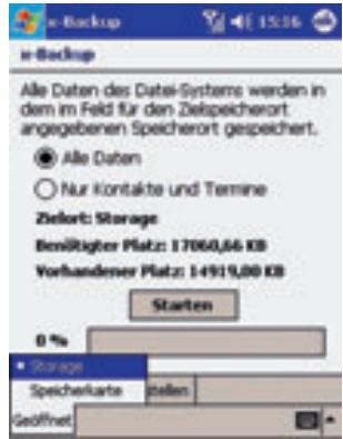 e-Backup Alle Daten des Datel-Systems werden in dem im Feld für den Zielspeicherort angegebenen Speicherort gespeichert. Alle Daten Nur Kontakte und Termine Zielort: Storage Bemäßiger Platz: 17060,66 KB Vorhandener Platz: 14919,00 KB Starten 0 % Storage Speicherkarte zahlen Geöffnet