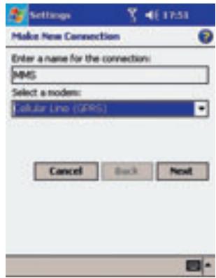 Make New Connection Enter a name for the connection: MMS Select a modem: Cellular Line (GPS) Cancel Back Next