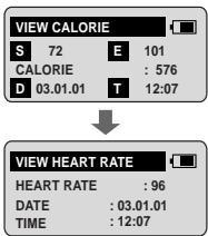 VIEW CALORIE S 72 E 101 CALORIE : 576 D 03.01.01 T 12:07 VIEW HEART RATE HEART RATE : 96 DATE : 03.01.01 TIME : 12:07