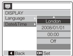 DISPLAY Language Date&Time London 2008/01/01 00:00 Off Back OK Set
