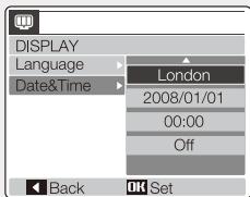 DISPLAY Language Date&Time London 2008/01/01 00:00 Off Back OK Set