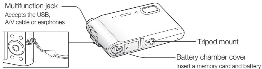 Multifunction jack Accepts the USB, A/V cable or earphones Tripod mount Battery chamber cover Insert a memory card and battery
