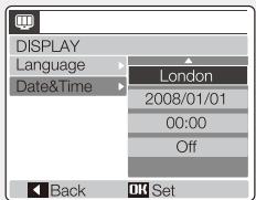 DISPLAY Language Date&Time London 2008/01/01 00:00 Off Back OK Set