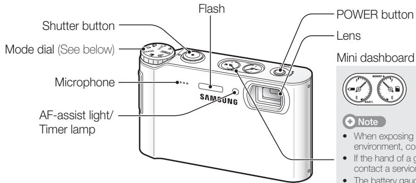 Shutter button Mode dial (See below) Microphone AF-assist light/ Timer lamp Flash POWER button Lens Mini dashboard SAMSUNG Note • When exposing environment, con • If the hand of a g contact a service • The battery gauc