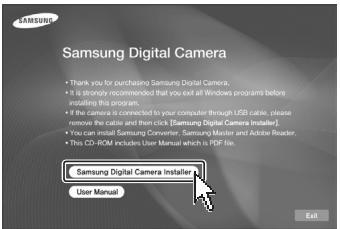 Samsung Digital Camera • Thank you for purchasing Samsung Digital Camera. • It is strongly recommended that you exit all Windows programs before installing this program. • If the camera is connected to your computer through USB cable, please remove the cable and then click Samsung Digital Camera Installer. • You can install Samsung Converter, SamsungMistor and Adobe Reader. • This CD-ROM includes User Manual which is PDF line. Samsung Digital Camera Installer User Manual Exit