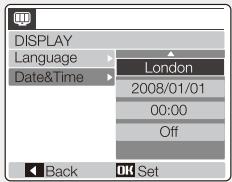 DISPLAY Language Date&Time London 2008/01/01 00:00 Off Back OK Set