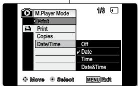 M.Player Mode ►Print Print Copies Date/Time Off ✓ Date Time Date&Time Move Select MENU Edit
