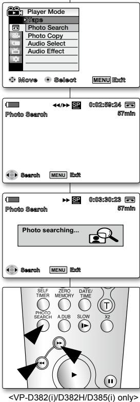 Player Mode Photo Search Photo Copy Audio Select Audio Effect Move Select MENU Exit ← SP 0:02:36:24 Photo Search 57min Search MENU Edit ← SP 0:03:30:23 Photo Search 57min Photo searching... Search MENU Edit SELF ZERO DATE/ TIMER MEMORY TIME PHOTO SLOW PHOTO A DUB SEARCH A DUB