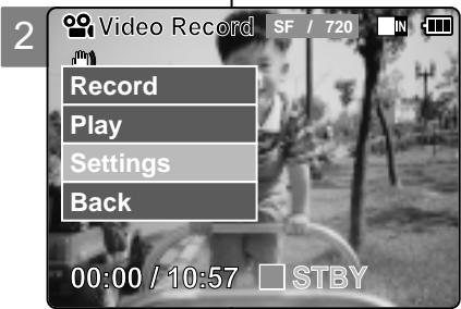 2 Video Record SF / 720 IN Record Play Settings Back 00:00 / 10:57 STBY