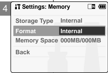 Settings: Memory Storage Type Internal Format Internal Memory Space 000MB/000MB Back