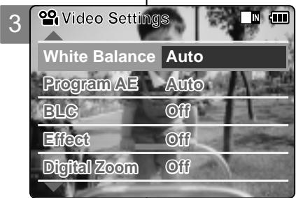 3 Video Settings White Balance Auto Program AE Auto BLC Off Effect Off Digital Zoom Off