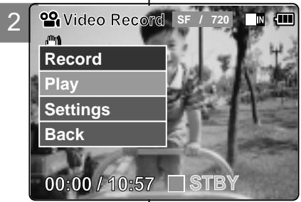 2 Video Record SF / 720 Record Play Settings Back 00:00 / 10:57 STBY