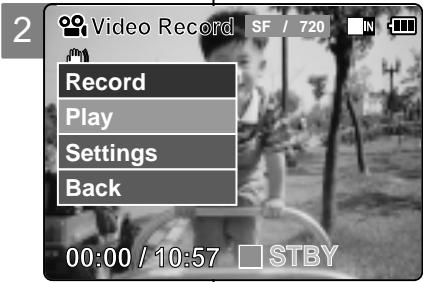 2 Video Record SF / 720 Record Play Settings Back 00:00 / 10:57 STBY