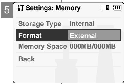 Settings: Memory Storage Type Internal Format External Memory Space 000MB/000MB Back