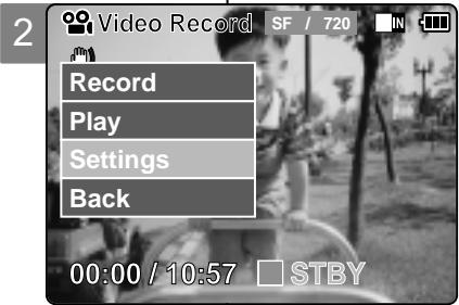 2 Video Record SF / 720 IN Record Play Settings Back 00:00 / 10:57 STBY