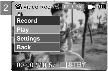 2 Video Record SF / 720 Record Play Settings Back 00:00 / 10:57 STBY