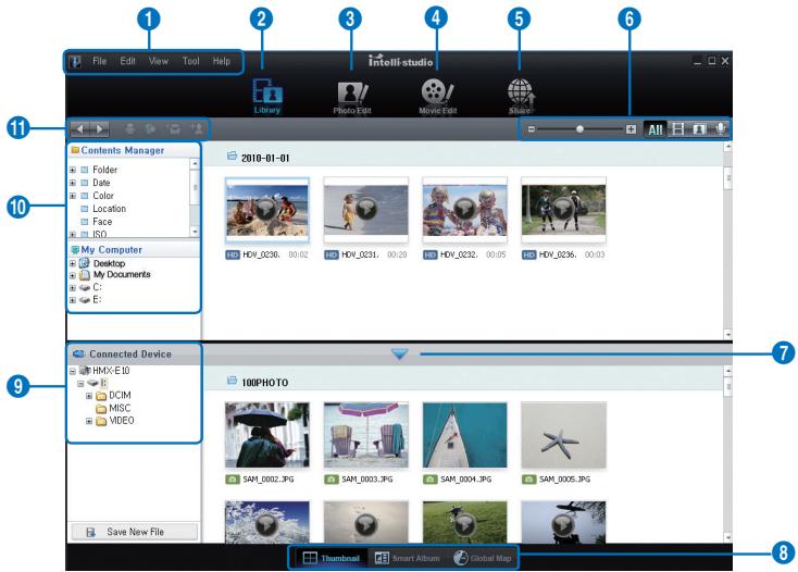 SAMSUNG HMX-E10OP - Étape 2. À propos de la fenêtre principale de l'application Intelli-Studio - 1
