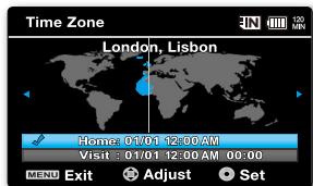 Time Zone London, Lisbon Home: 01/01 12:00 AM Visit: 01/01 12:00 AM 00:00 MENU Exit Adjust Set