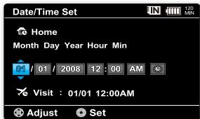 Date/Time Set Home Month Day Year Hour Min 01 / 01 / 2008 12 : 00 AM Visit : 01/01 12:00AM Adjust Set