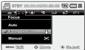 STBY 00:00:00N00:58:59 Focus Auto Face Detection Manual MENU Exit Move Select