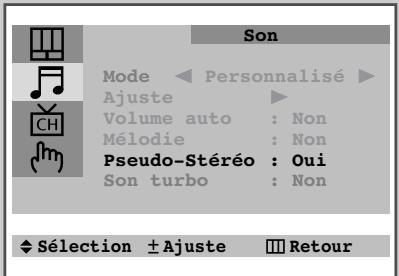 Son Mode ← Personnalisé ► Ajuste ► Volume auto : Non Mélodie : Non Pseudo-Stéréo : Oui Son turbo : Non ♦ Sélection ± Ajuste ■ Retour