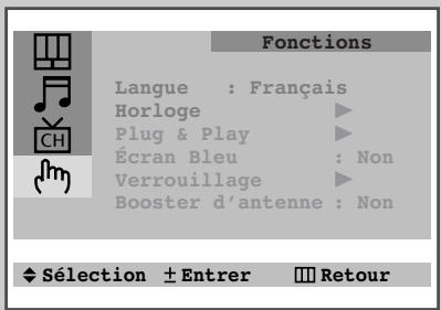 Fonctions Langue : Français Horloge ▶ Plug & Play ▶ Écran Bleu : Non Verrouillage ▶ Booster d'antenne : Non ♦ Sélection ± Entrer ■ Retour