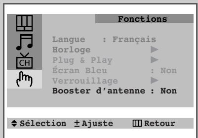 Fonctions Langue : Français Horloge ▶ Plug & Play ▶ Écran Bleu : Non Verrouillage ▶ Booster d'antenne : Non ♦ Sélection ± Ajuste ■ Retour
