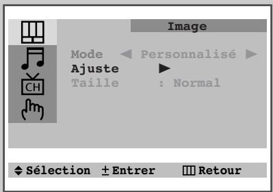 Image Mode ← Personalisé ▶ Ajuste ▶ Taille : Normal ◆ Sélection ± Entrer ■ Retour