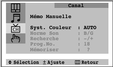 Canal Mémo Manuelle Syst. Couleur : AUTO Norme Son : B/G Recherche : -/+ Prog.No. : 18 Mémoriser : ? ♦ Sélection ± Ajuste ■■ Retour