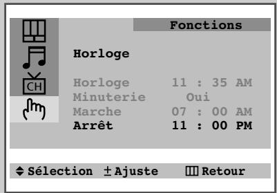 Fonctions Horloge Horloge 11 : 35 AM Minuterie Oui Marche 07 : 00 AM Arrêt 11 : 00 PM ♦ Sélection ± Ajuste ■ Retour