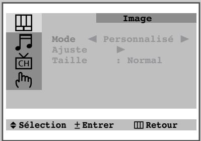 Image Mode ← Personnalisé ▶ Ajuste ▶ Taille : Normal ◆ Sélection ± Entrer ■ Retour