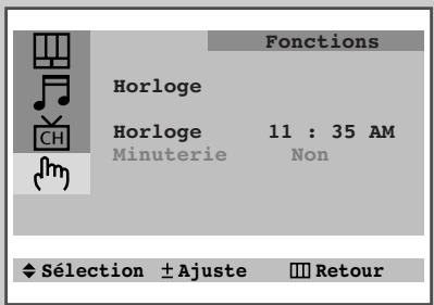 Fonctions Horloge Horloge 11 : 35 AM Minuterie Non ♦ Sélection ± Ajuste ■ Retour
