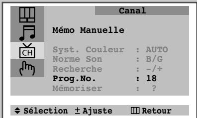 Canal Mémo Manuelle Syst. Couleur : AUTO Norme Son : B/G Recherche : -/+ Prog.No. : 18 Mémoriser : ? ♦ Sélection ± Ajuste ■■ Retour