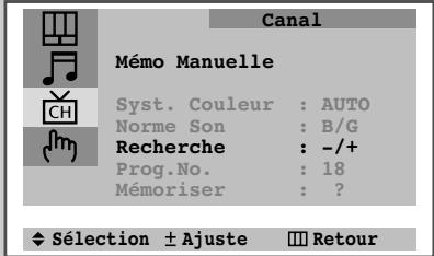 Canal Mémo Manuelle Syst. Couleur : AUTO Norme Son : B/G Recherche : -/+ Prog.No. : 18 Mémoriser : ? ♦ Sélection ± Ajuste III Retour
